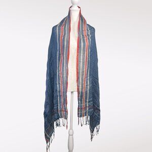 Vintage Blue Orange White Striped Fringe Scarf Rectangle Wrap Shawl